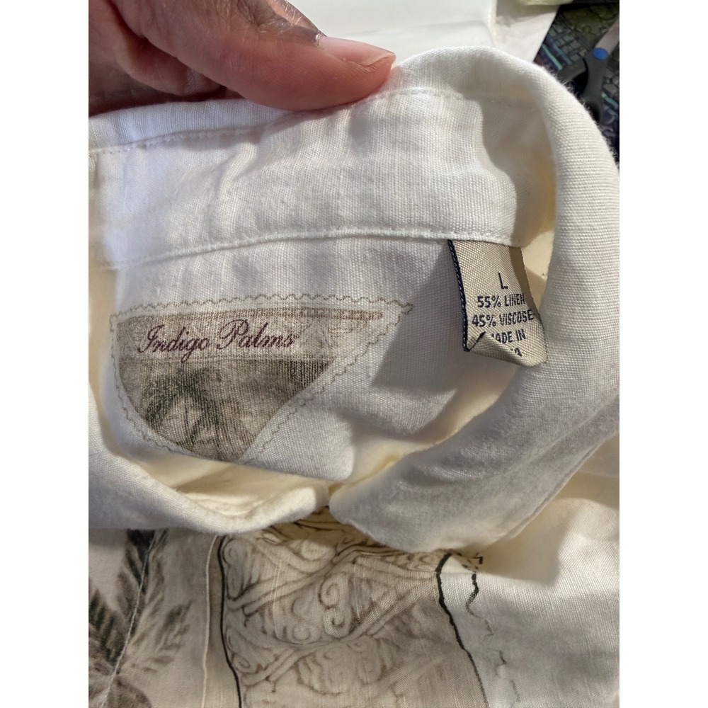 Indigo Palms Mens Large Linen Blend White Tropical Stamp Button‎ Down Shirt - Picture 5 of 7